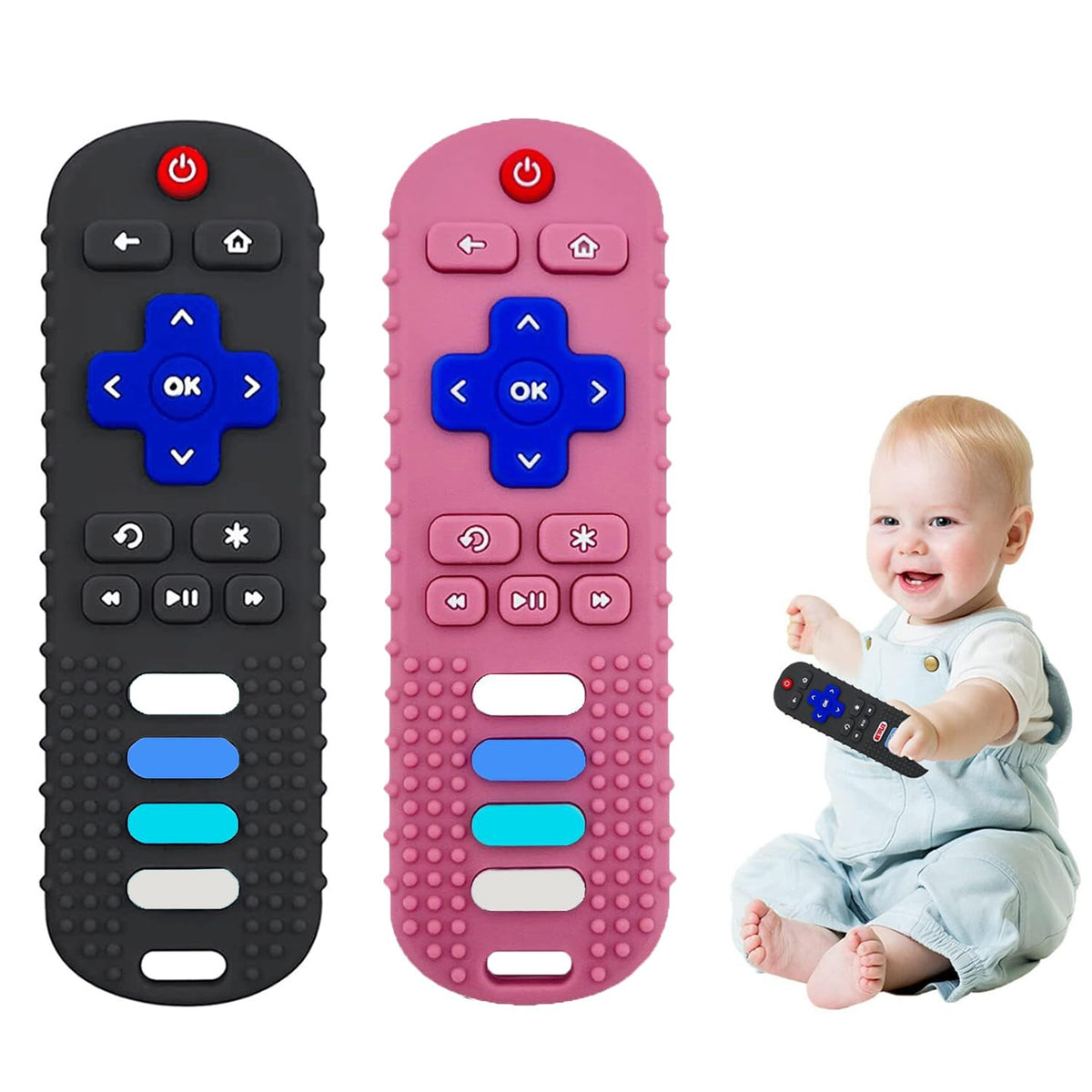 ERSIHUA 2-Pack Baby Teething Toys-TV Remote Control Shape Silicone Infants Teething Toys for Babies 0-18 Months,BPA-Free (N-Black+Black)