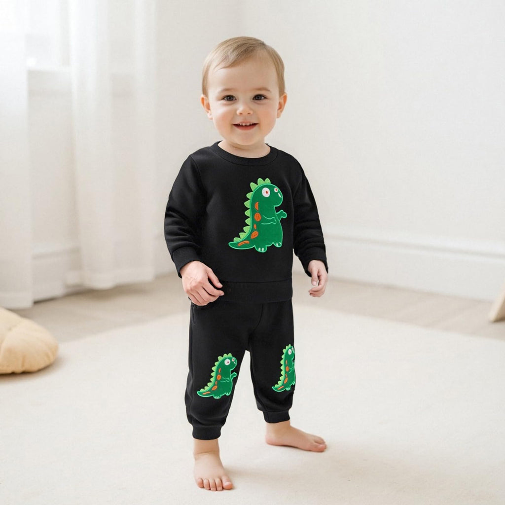 Nyapruwe Toddler Baby Boys Fall Winter Outfits Funny Print Top Pants Set (Black Dinosaur, 12-18 Months)