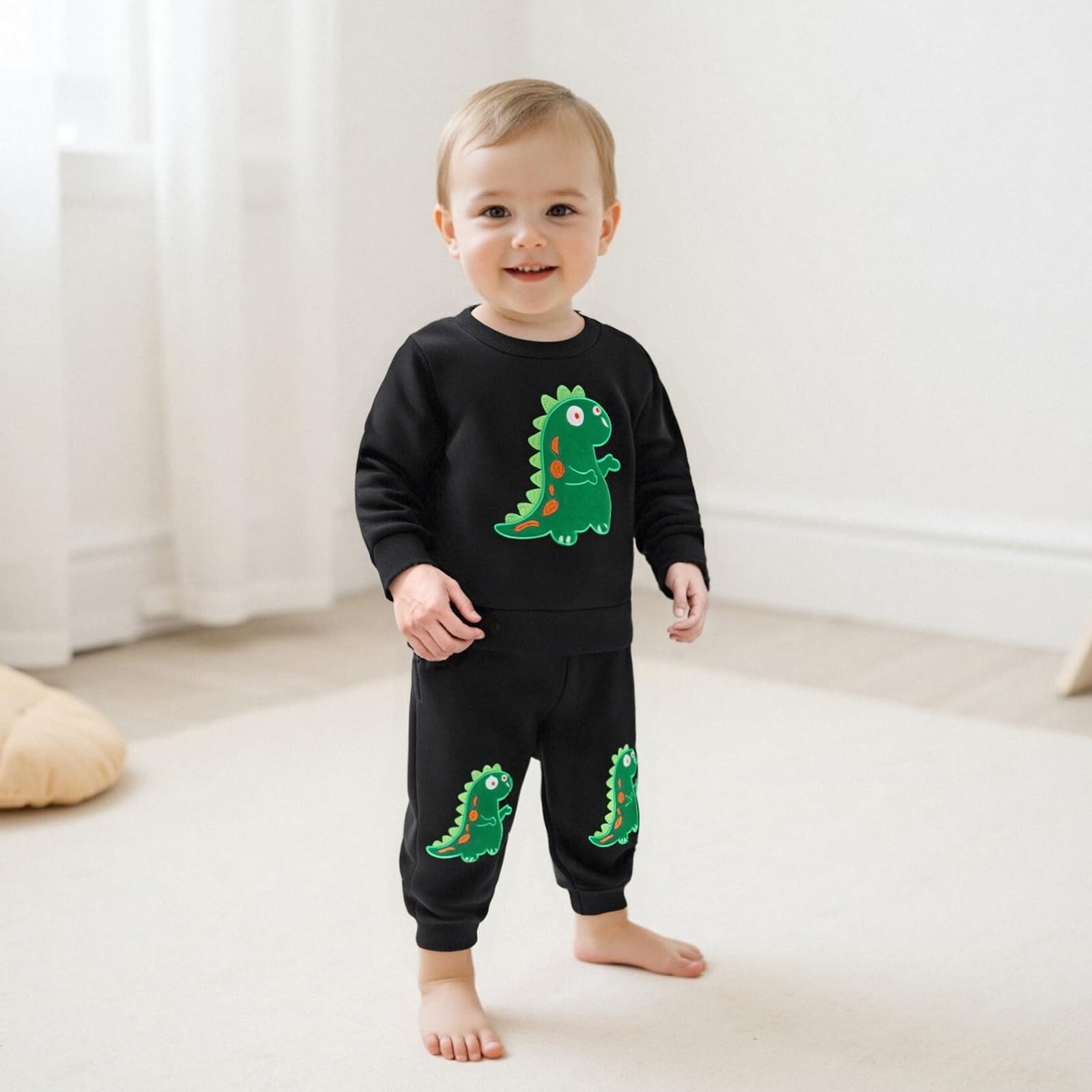 Nyapruwe Toddler Baby Boys Fall Winter Outfits Funny Print Top Pants Set (Black Dinosaur, 12-18 Months)