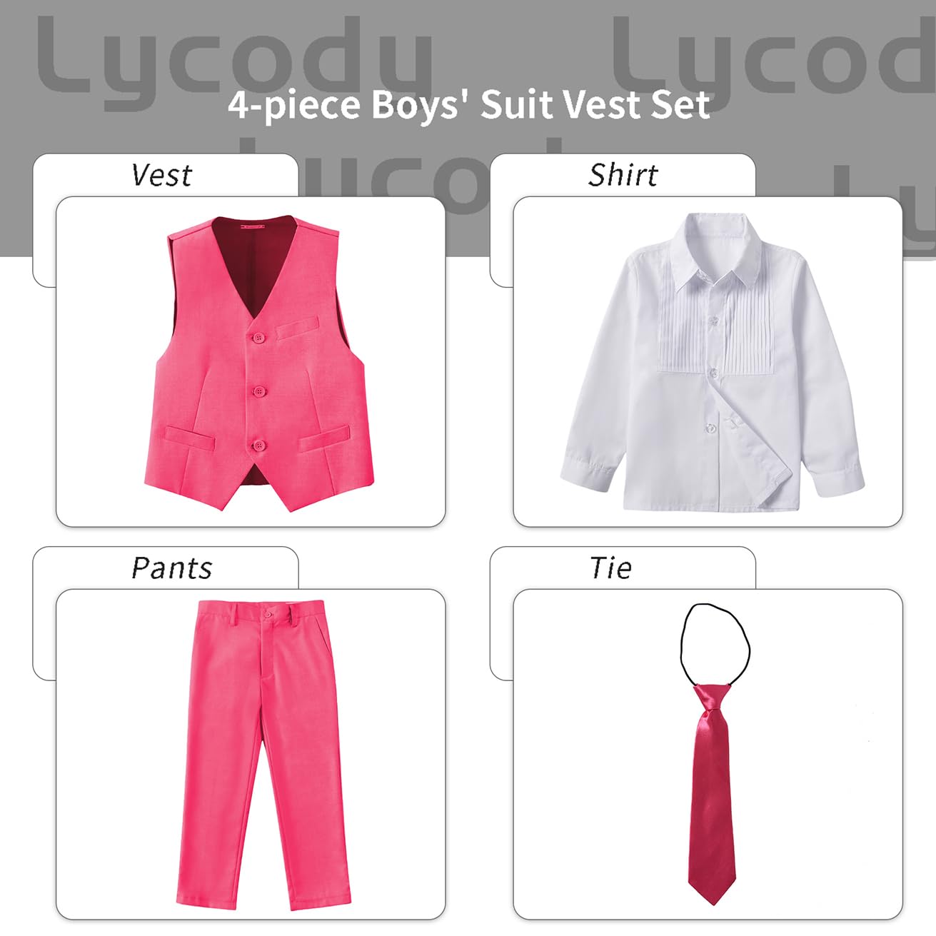 Lycody Boys Suit Vest Set Formal Dress Suits Wedding Outfit, Hot Pink, 5T