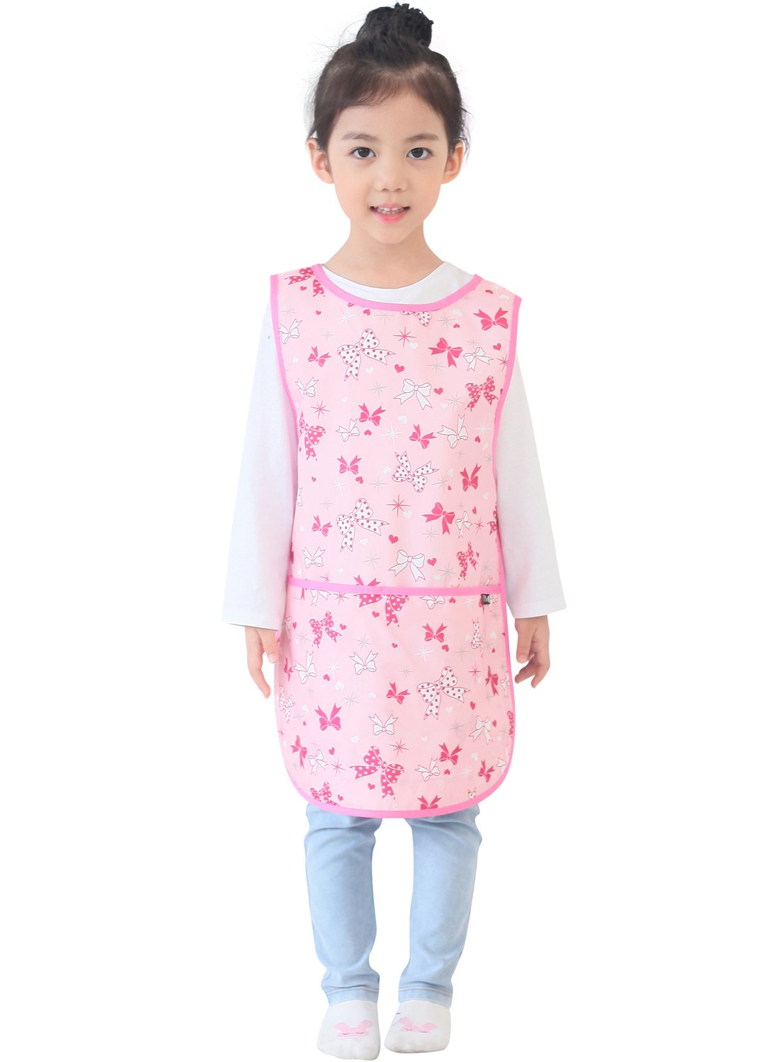 Plie Kids Painting Apron – Waterproof Art Smock for Toddlers & Preschoolers, Messy Play, Baking, Crafts, Cooking, Sensory Activities, Mealtime (Ages 1–10), Pink Ribbon (39-XL)