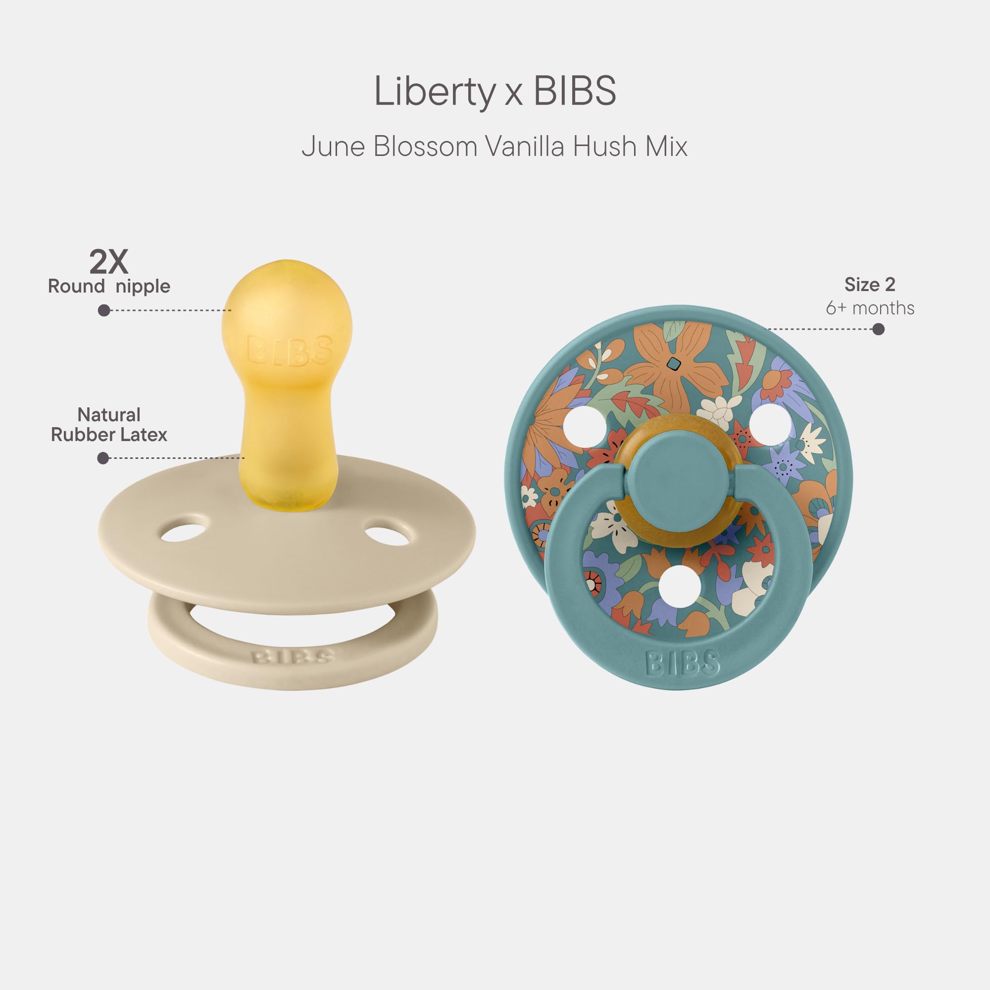 BIBS x Liberty Pacifier, 6-18 Months, 2-Pack, June Blossom/Vanilla Hush