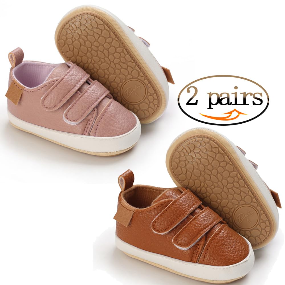 eitwo 2Pairs Baby Shoes,Boys Girls Non-Slip Rubber Sole Sneakers,Unisex Infant Soft Lightweight First Walking Crib Shoes (2Pairs_Brown+Pink,6-12 Months)