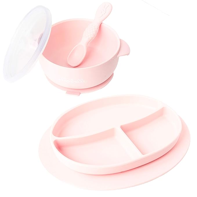 Ullabelle Toddler Plates & Bowls Complete Set w/Spoon - BPA Free 100% Food Grade Silicone - Microwave & Dishwasher Safe Baby Suction Plate, Bowl w/Lid, & Spoon - Pink