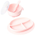 Ullabelle Toddler Plates & Bowls Complete Set w/Spoon - BPA Free 100% Food Grade Silicone - Microwave & Dishwasher Safe Baby Suction Plate, Bowl w/Lid, & Spoon - Pink