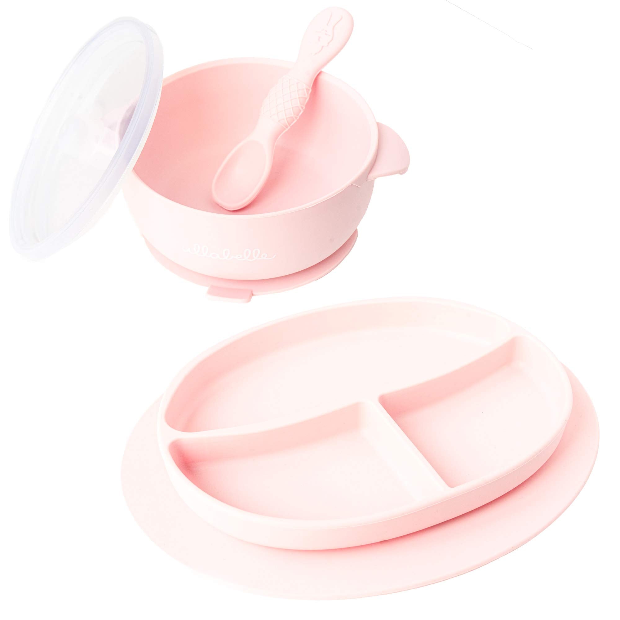 Ullabelle Toddler Plates & Bowls Complete Set w/Spoon - BPA Free 100% Food Grade Silicone - Microwave & Dishwasher Safe Baby Suction Plate, Bowl w/Lid, & Spoon - Pink