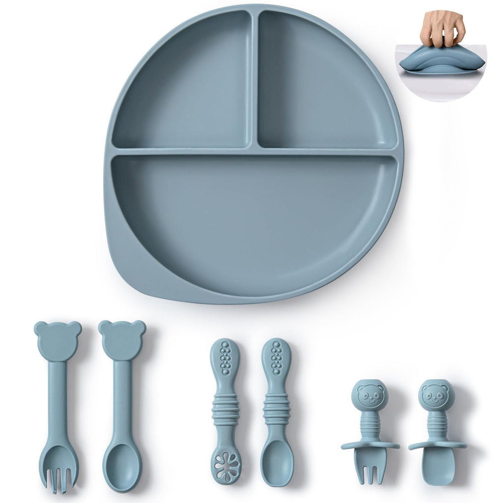 WiLLBEttER 7-Piece Silicone Baby Feeding Set - Divided Suction Plate with 3 Sets of Spoons and Forks, BPA-Free Toddler Plates for Baby-Led Weaning & Self Feeding, Dishwasher & Microwave Safe