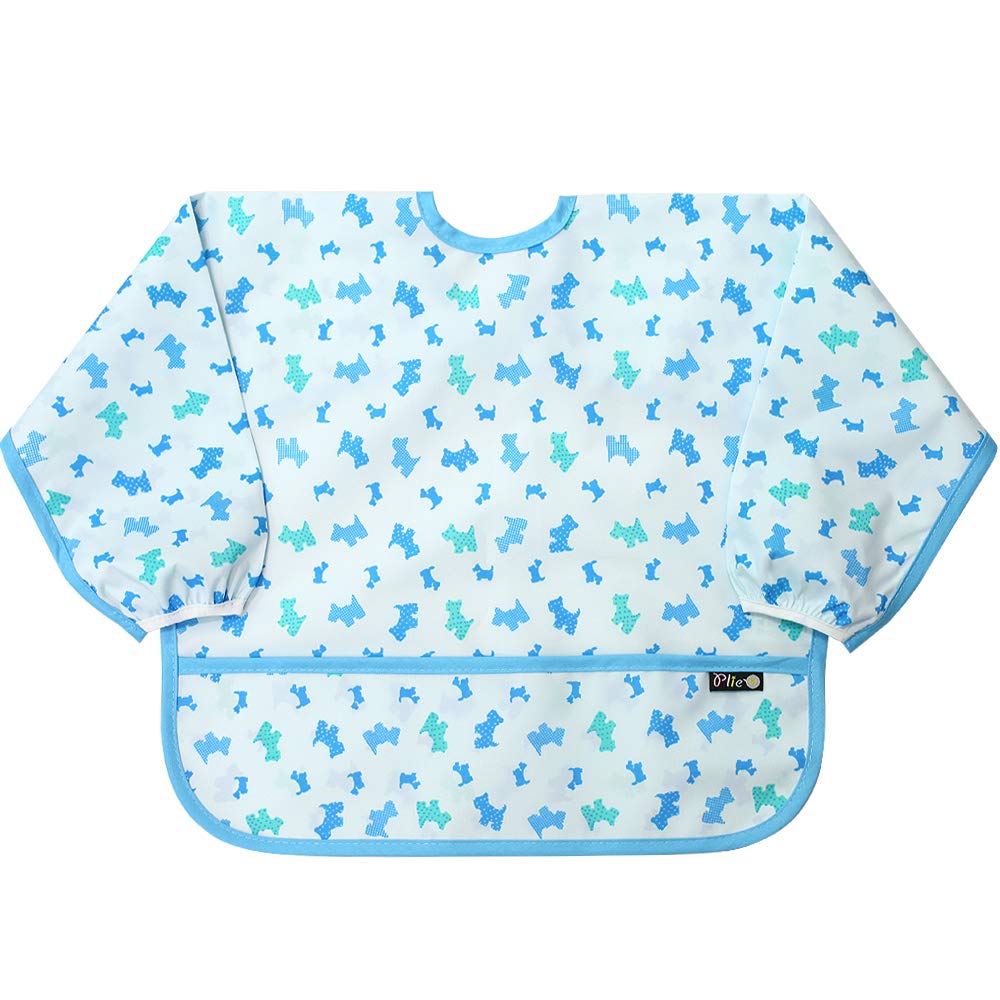Plie Long Sleeve Waterproof Bib for Toddlers – Soft Feeding Smock for Baby Mealtime, Self-Feeding, Painting & Messy Play, BPA-Free, Easy Clean (6–24 Months) - Blue/Puppy