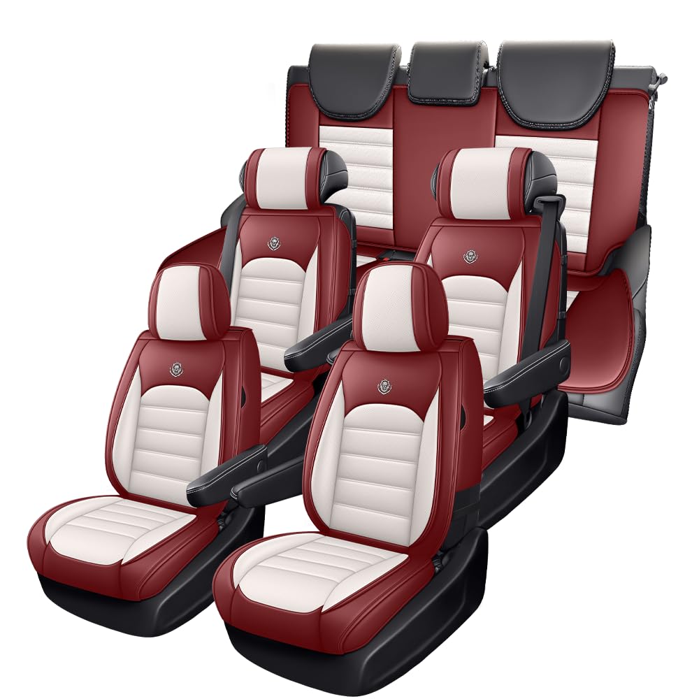 JOJ Car Seat Cover for Toyota Highlander Seat Covers for Cars 2005-2026,Leather Waterproof Car Seat Covers Full Set,All Weather Tech Car Seat Protector,7 Seats Cream Red