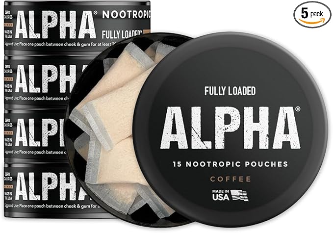 Fully Loaded Alpha Nootropic Pouches (Coffee) - 5 Cans - 15 Pouches per can - Effective Nootropic Delivery, Nic Pouch Replacement - Faster Absorption, Alpha GPC, L-Tyrosine, GABA