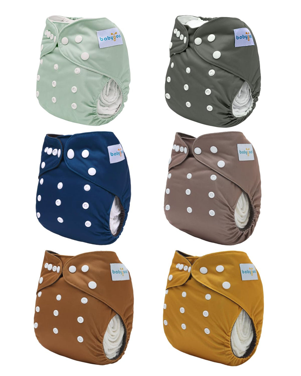 babygoal Reusable Charcoal Cloth Diapers with Double Gussets, 6 Pack Washable Baby Pocket Diapers with 6pcs Charcoal Inserts and Wet Dry Bag(Solid Color)