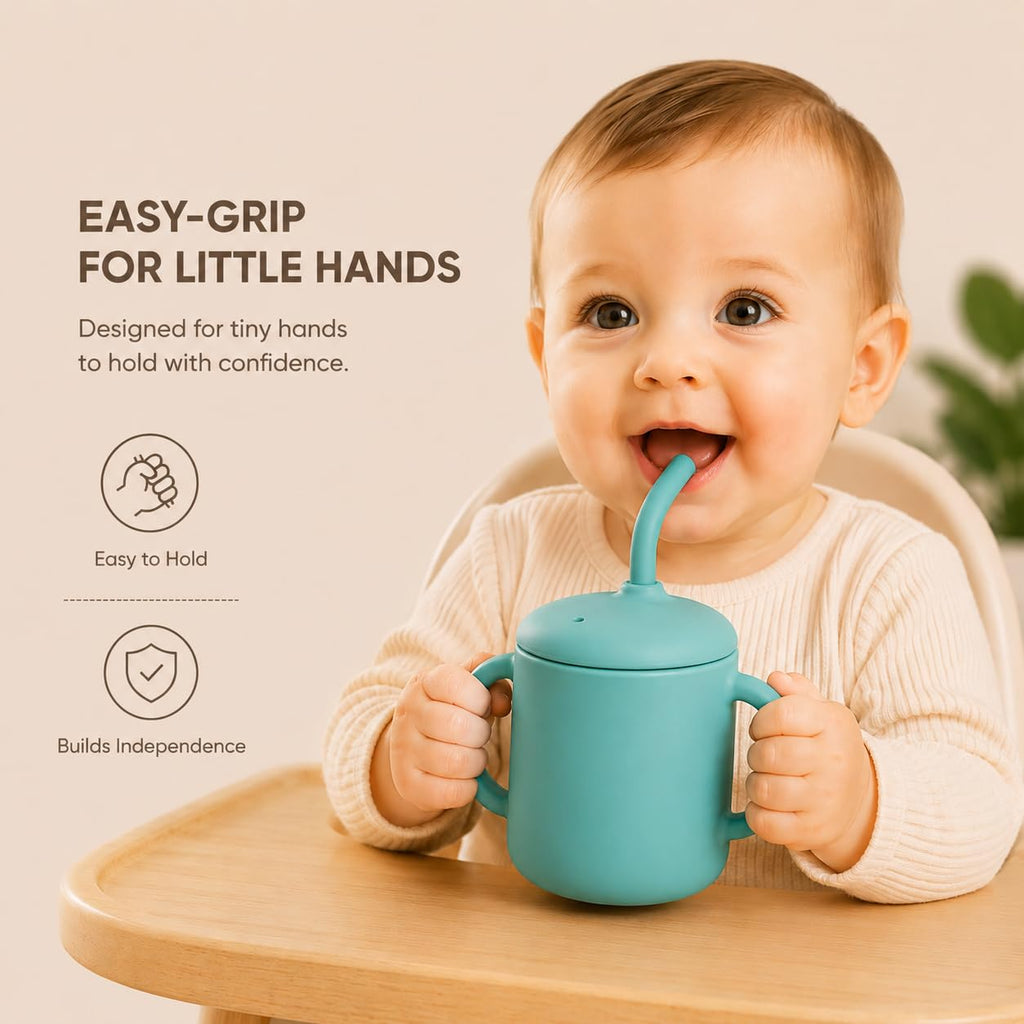 Silicone Baby Straw Cup for Babies 6+ Months, 6 oz BPA-Free Food Grade Silicone Training Cup with Soft Straw & Leak-Resistant Lid, Easy-Grip Toddler Sippy Cup for Baby Led Weaning & Self-Feeding
