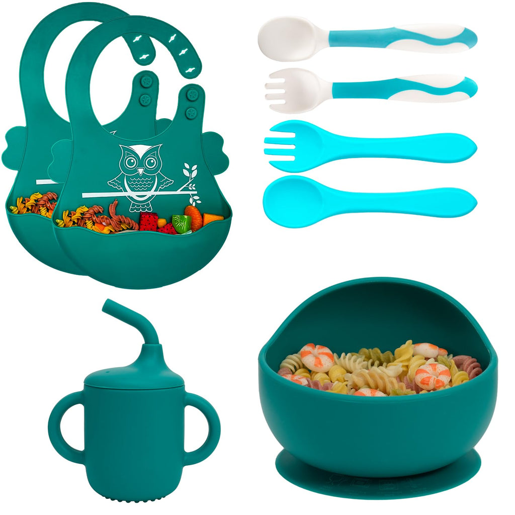 NICINGU Silicone Baby Feeding Set,Baby Led Weaning Supplies Baby Silicone Suction bowl and Cup set with 2 spoons forks,Toddler Self Feeding Dish with Sippy Cup And Adjustable Bib for 6+ Months-Blue