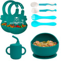 NICINGU Silicone Baby Feeding Set,Baby Led Weaning Supplies Baby Silicone Suction bowl and Cup set with 2 spoons forks,Toddler Self Feeding Dish with Sippy Cup And Adjustable Bib for 6+ Months-Blue
