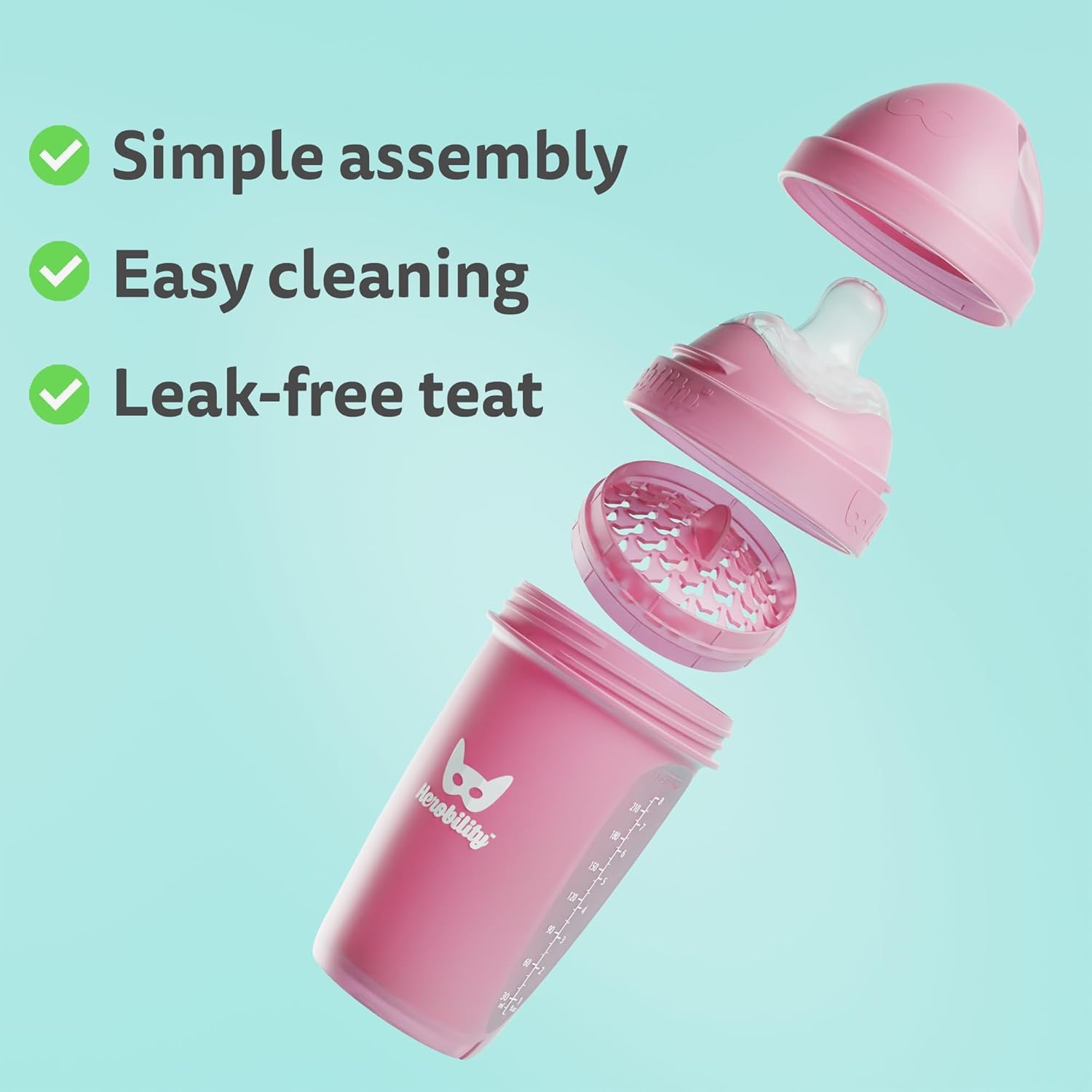 Herobility Anti-Colic Baby Bottles 8.5 fl oz/240ml - Pack of 3 Plastic Baby Bottles, Fast Flow Plastic Bottles, Breast-Shaped Teat for Breastfed Babies, Small Baby Bottles, Swedish Design, Batman