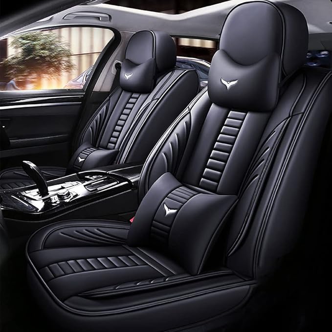 Full Set of Universal Fit Automotive Seat Covers fit for Suzuki 1999-2025 95% Models, PU Leather Automobile Interior Sets with Headrest & Back Pillow Black & Black Line