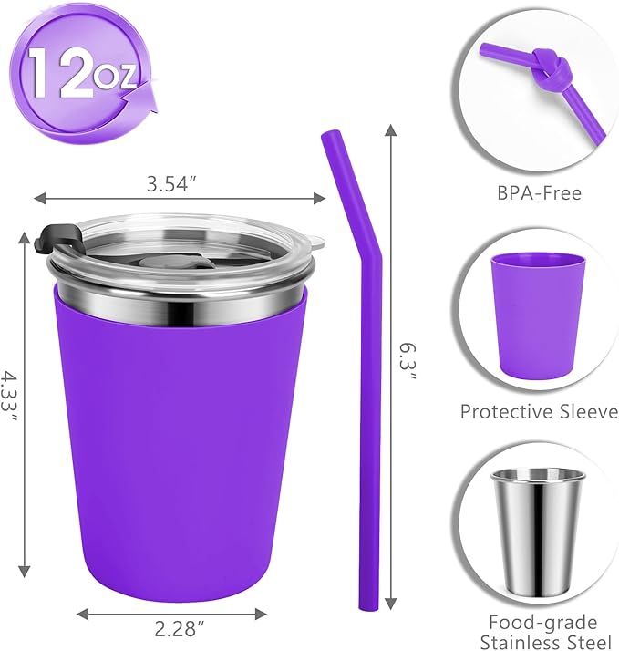Kids Cups with Straws and Lids, 5 Pack 12oz Spill Proof Toddlers Straw Cup with Lid, Stainless Steel Kids Cups with Lids for School, Outdoor, Multicolor