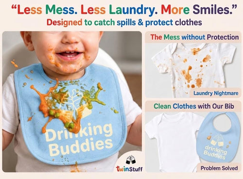 100% Cotton Drinking Buddies Twin Bibs for Babies – Soft, Cute & Practical Waterproof, Durable, Unisex Bibs for Twins. Ideal for Mess-Free Feeding, Everyday Use, and Protecting Clothing from Spills
