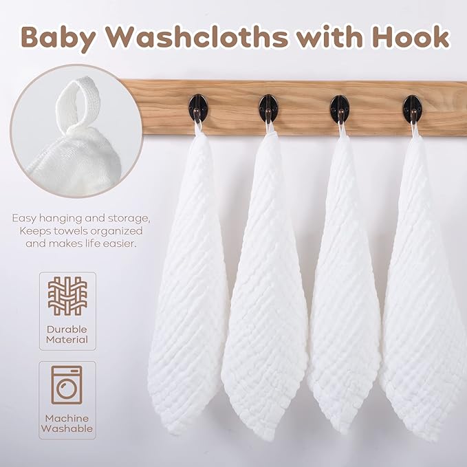 Yoofoss Muslin Baby Washcloths 100% Organic Cotton Face Towels 10 Pack Wash Cloths for Baby 12x12in Soft and Absorbent Baby Wipes (White)