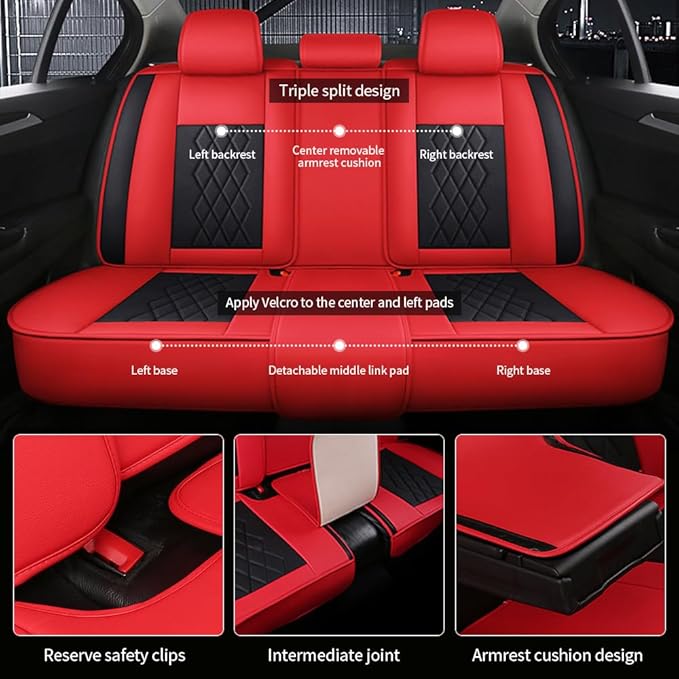 Leather Car Seat Covers for Volkswagen Atlas 2019-2023 Waterproof,Breathable and Non-Slip Napa Leather Car Interior Seat Covers,Comfortable and Durable,Easy to Install (5PCS,Luxury,Black+Red)