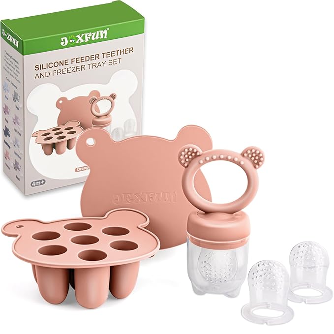 JEXFUN Baby Breastmilk Popsicle Molds & Baby Fruit Food Feeder Pacifier Combo, BPA Free Silicone Nibble Freezer Tray Storage Containers Teething Toys for Safe Infant Self Feeding, 4 Month+(Orange)