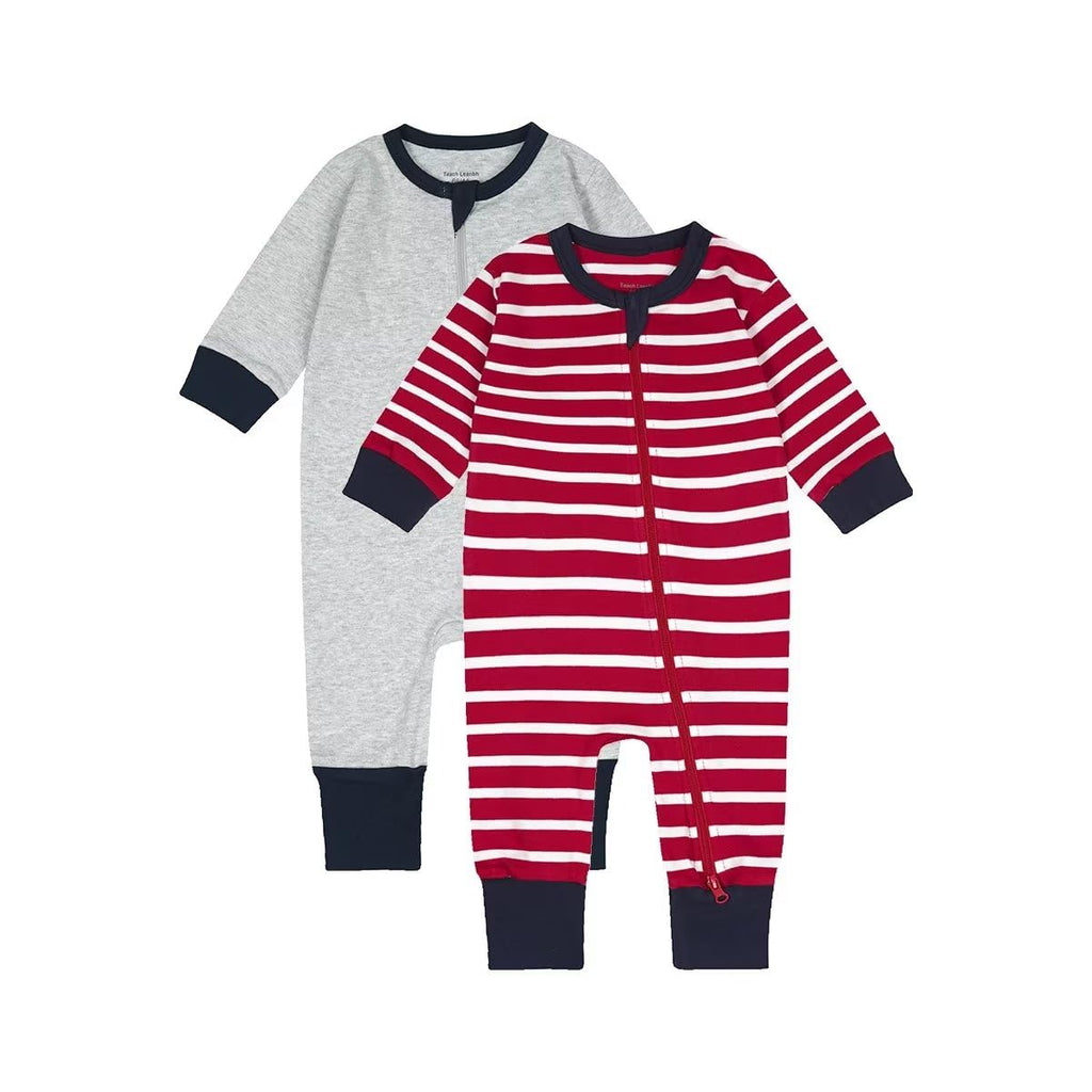 Teach Leanbh Toddler Baby Boys Girls 2-Pack Pajamas Cotton 2 Way Zipper Long Sleeve Footless Romper Sleep and Play (Grey+Red Stripe, 3-6 Months)