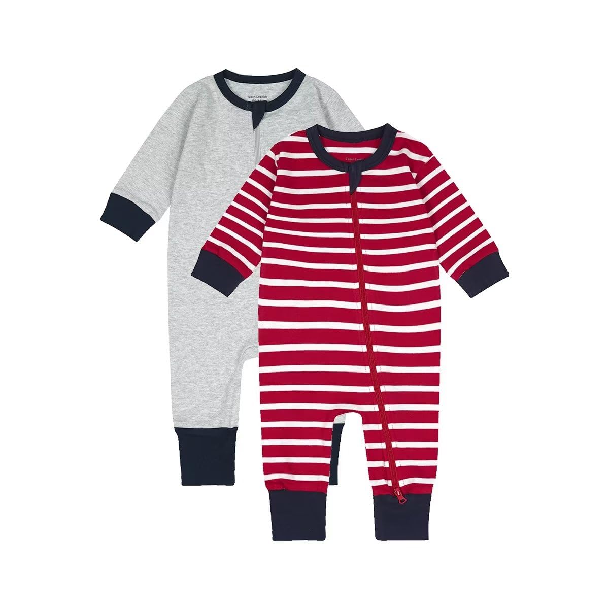 Teach Leanbh Toddler Baby Boys Girls 2-Pack Pajamas Cotton 2 Way Zipper Long Sleeve Footless Romper Sleep and Play (Grey+Red Stripe, 3-6 Months)