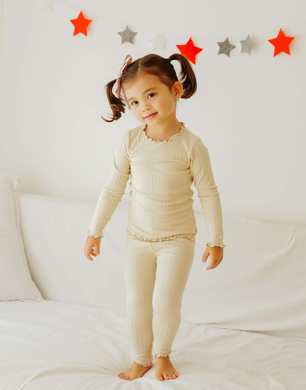 VAENAIT BABY Infant Toddler Kids Girls Long Sleeve Modal Sleepwear Pajamas 2pcs Set Shirring Ivory JS