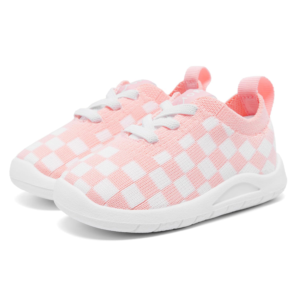 MORENDL Toddler Shoes Baby Walking Sock Shoes Infant Sneakers Boy Girl Barefoot Tennis Shoe Non-Slip Brethable Pink Check 12-15 Months