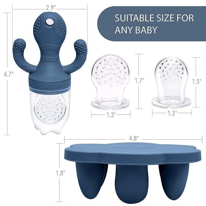 Little Twig Baby Fruit Feeder Pacifier Teether | Food Freezer Tray with Lid | BPA Free Silicone Freezable Teether | Feeding Set for Breast Milk Ice Cubes, Baby Food, Fruit Purees (Steel Blue)