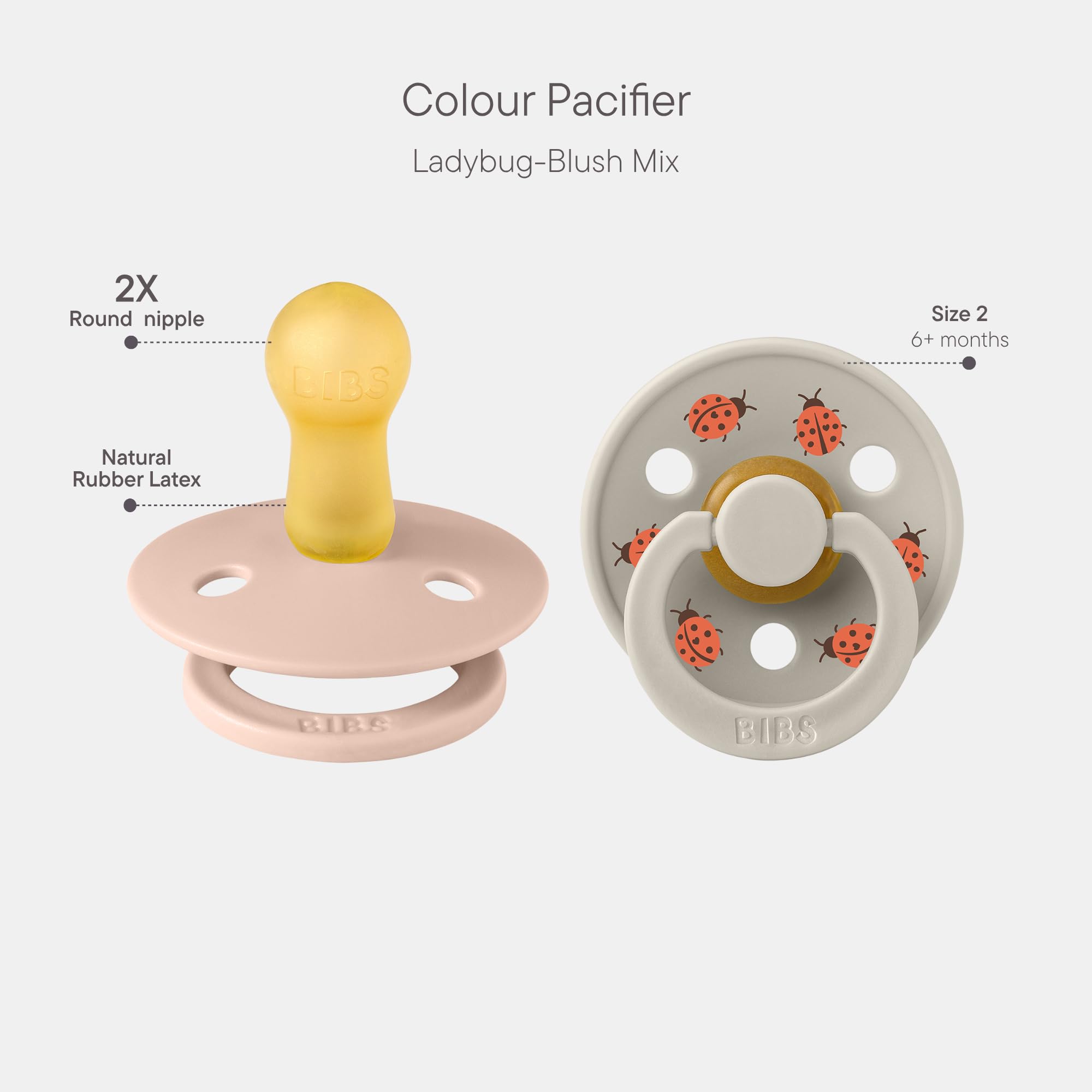 BIBS Colour Pacifier, 6-18 Months, 2-Pack, Round Nipple, Blush/Sand