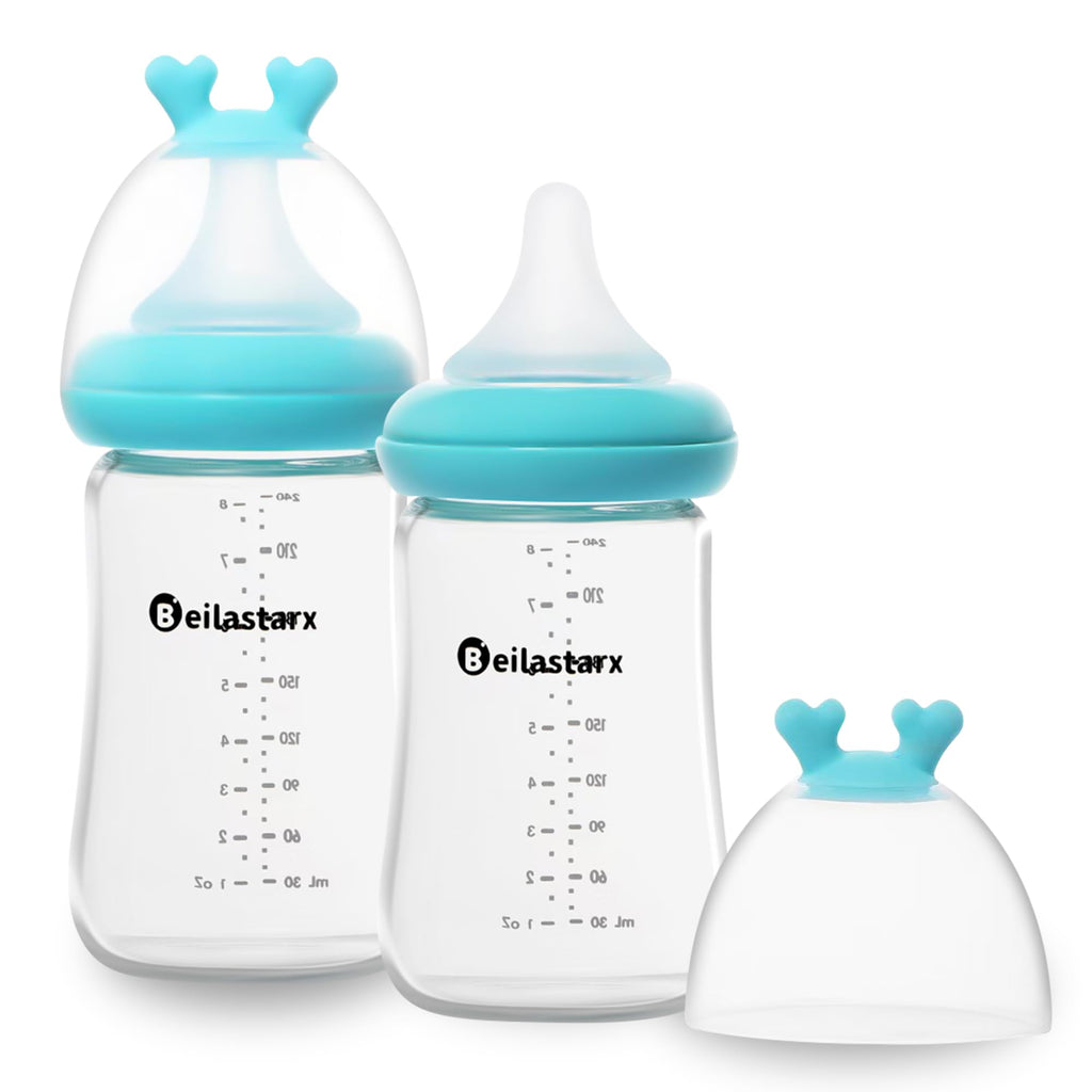 Beilastarx Glass Baby Bottles with Natural Response Nipple Size M - Anti Colic Baby Bottles Wide Neck Slow Flow Baby Bottle(Blue, 8oz (Pack of 2))
