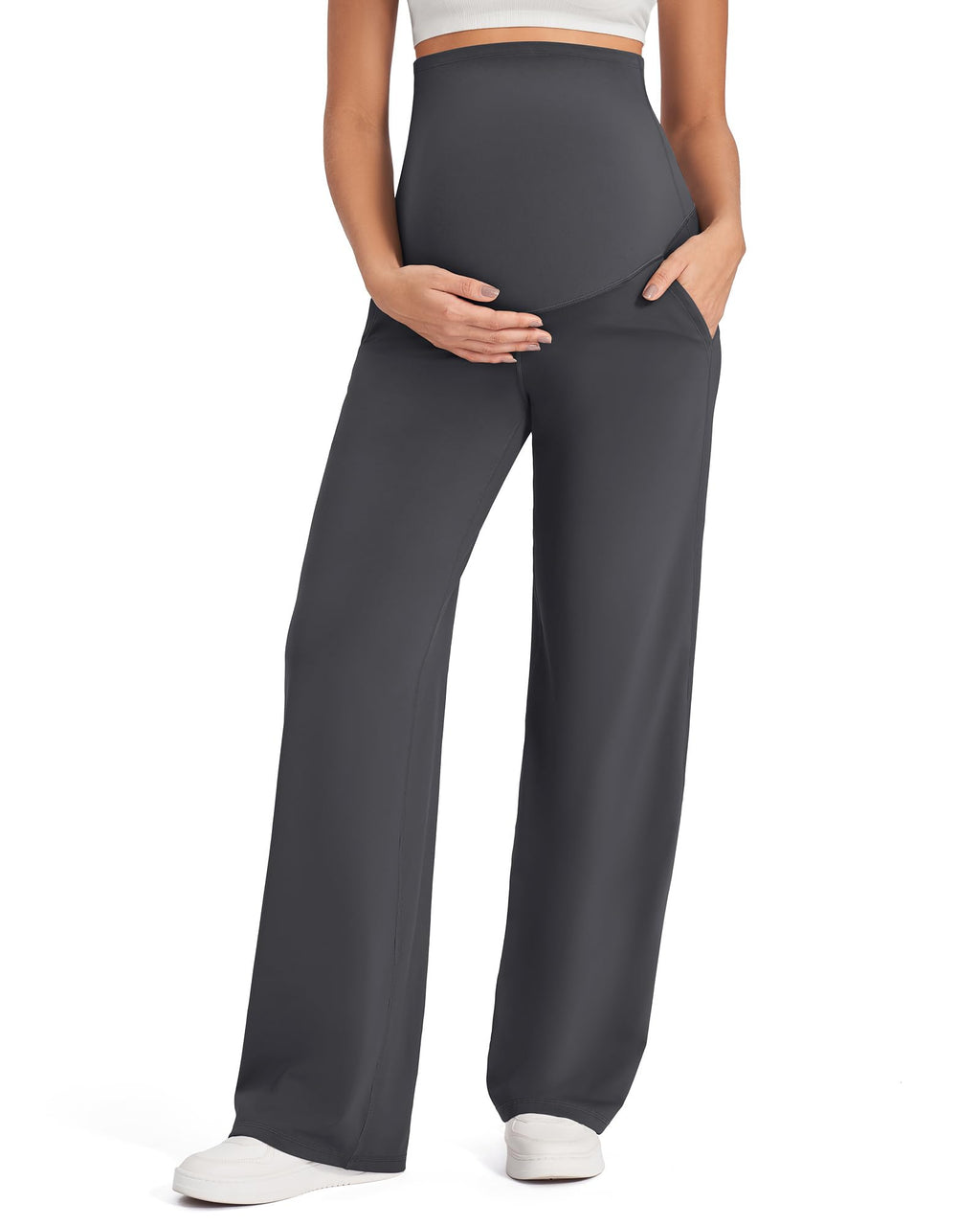 G4Free Maternity Outfits Pregnancy Wide Leg Pants,Dark Gray,S,Extra Tall