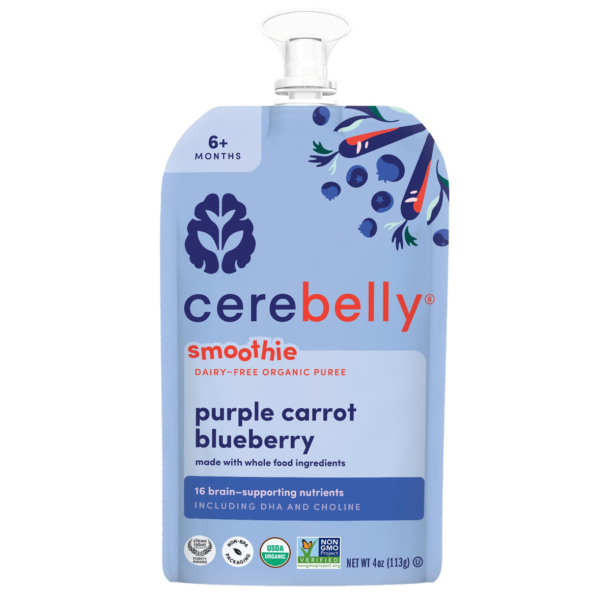 Cerebelly Organic Baby Food Pouches, Sweet Potato Peach Dairy-Free Smoothies, 16 Nutrients, No Added Sugar, Fiber & Non-GMO, 4oz, 1 Count