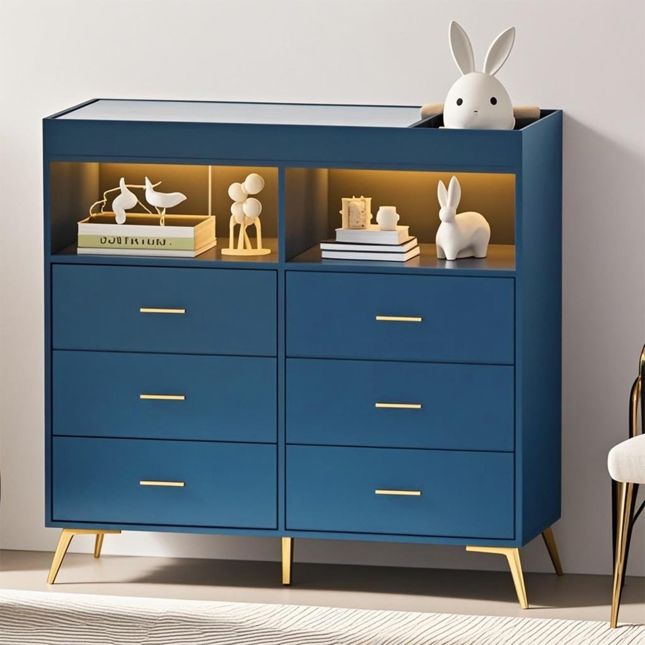 Babevy Changing Table Dresser with Drawers, Baby Dresser with Changing Table Top, Power Outlet, LED Light & Metal Feet, Diaper Changing Station Nursery Organizer for Infants Newborn (Blue)