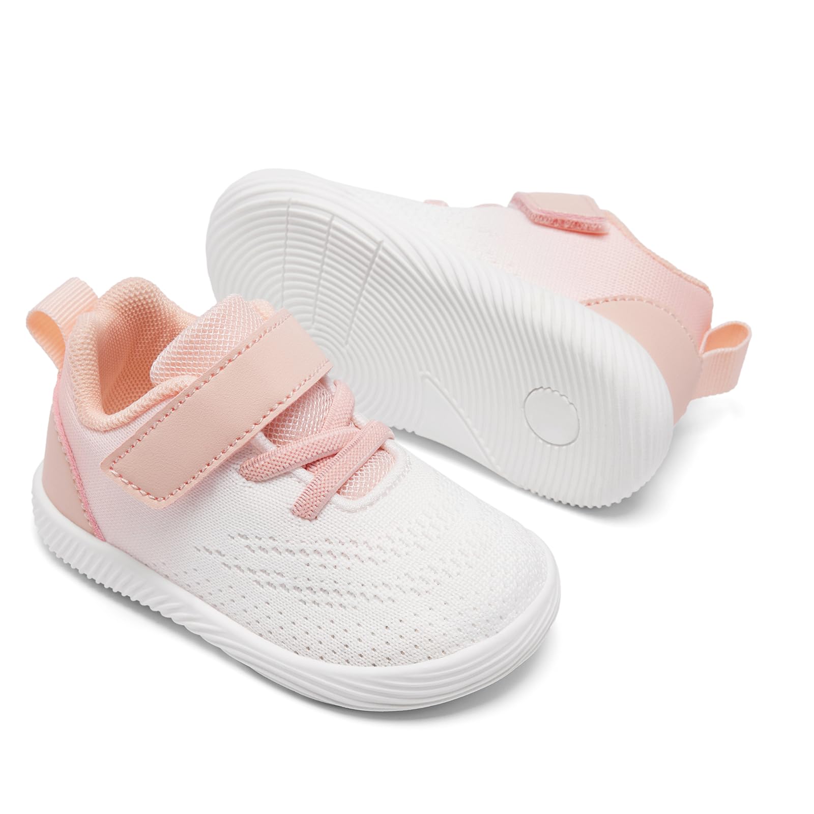 MORENDL Toddler Sneakers Baby Boys & Girls Barefoot Shoes Lightweight Breathable Walking Running Tennis Athletic Sport Shoes White Pink 9-12 Months Size 4.5