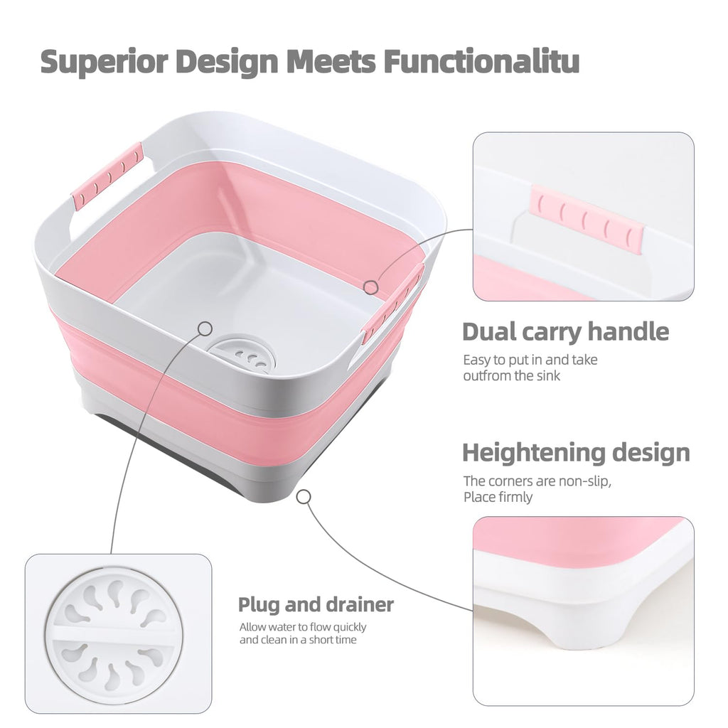 Collapsible Wash Basin for Baby Bottles - 2.4 Gallons Portable Wash Bin for RV Camping Sink, Space-Saving Dish Tub.Laundry & Utility Room Sinks (Pink)