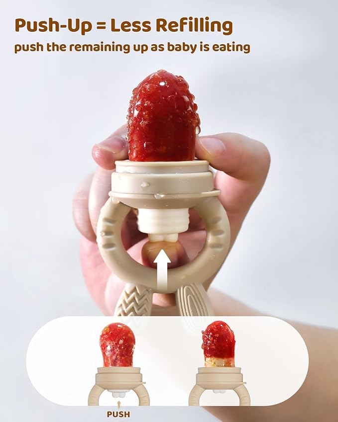 2 Packs Baby Fruit Feeder & Freezer Nibble Tray Combo, Push Pop Baby Food Feeder to Safely Introduce New Foods, Fresh & Frozen Food Silicone Feeder, 100% Food Grade, BPA Free (Caramel & Olive)