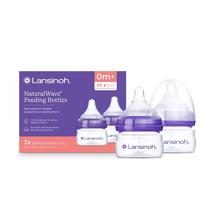 Lansinoh Anti-Colic Baby Bottles, BPA-Free Plastic, Extra Slow Flow Nipples (Size XS), Breastfeeding Bottle with NaturalWave Design
