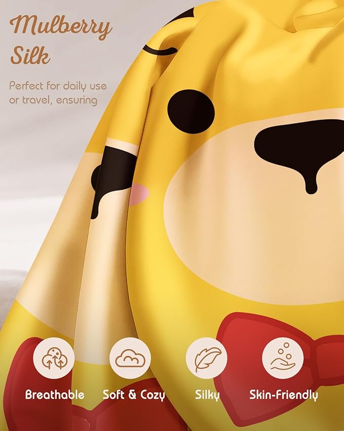 Kids Pillowcases Standard Size 20"x26" - Cute Cartoon Soft Breathable Silk Pillow Cases for Hair and Skin with Hidden Zipper for Girls Fun Kawaii Design for Bedding, Yellow Bear