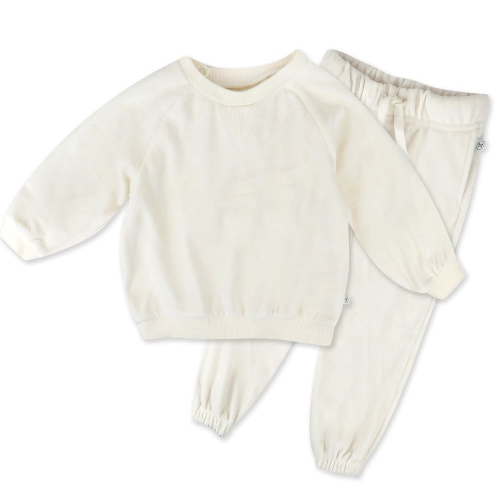 HonestBaby 2-Piece Cozy Velour Sweatshirt and Jogger Sweatpants Set 100% Organic Cotton for Toddler, Baby Boys, Girls, Winter White Ivory, 7 Years