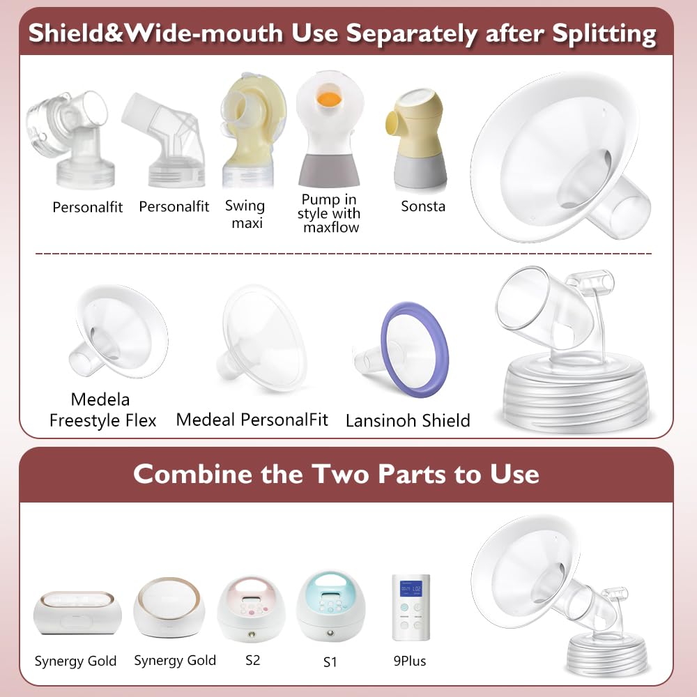 Full Breast Pump Parts with 21mm Oval Soft Rim Flanges and Wide-Mouth Base Connector for Spectra S2 S1 9 Plus SG, Medela, Lansinoh Pumps, Include Flange, Valve, Backflow Protector, Tubing and Bottle
