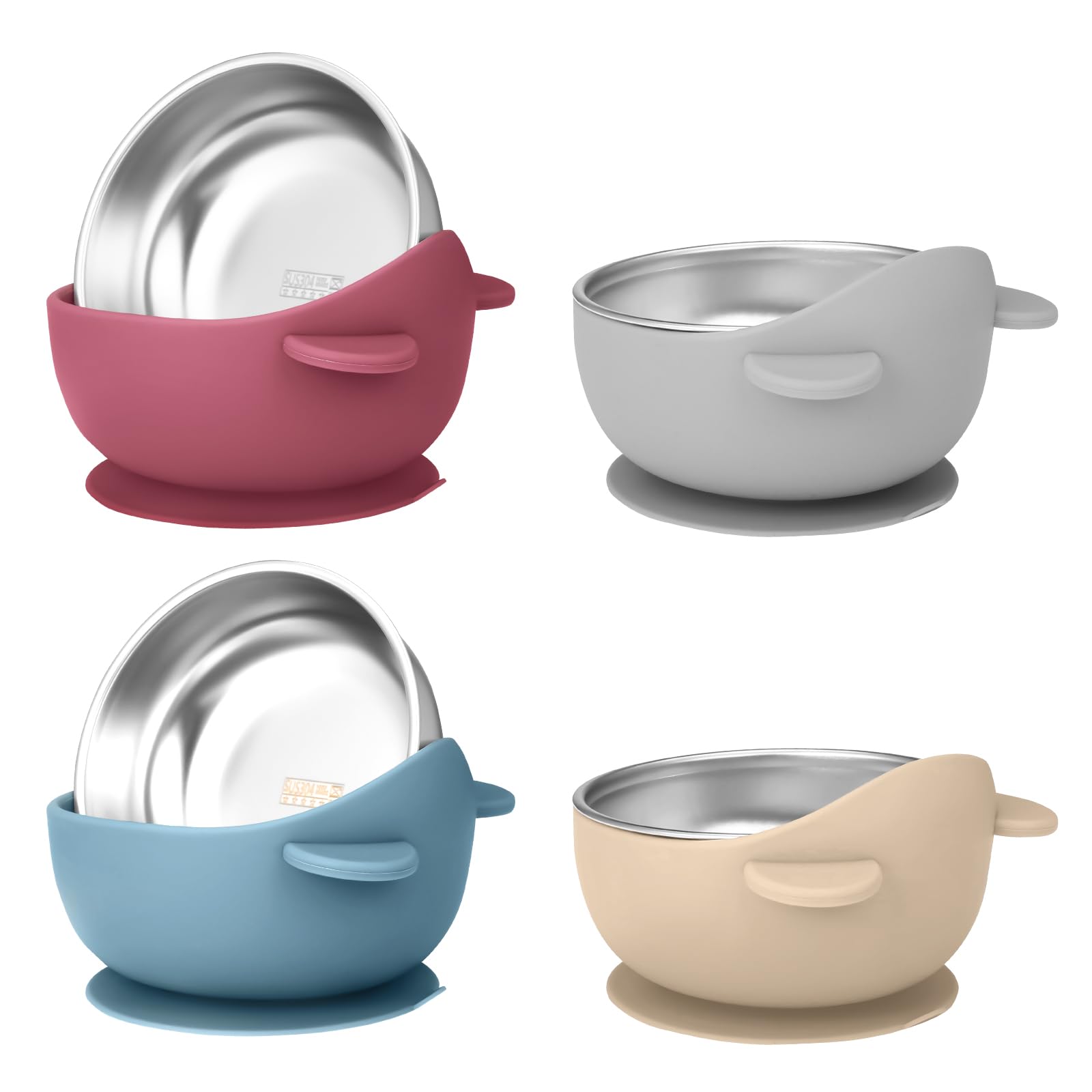 Wesketch 4 Pack Stainless Steel Baby Bowls with Suction, Toddler Bowls with Removable Silicone Shell for Kids, Non-Slip Toddler Baby Feeding Set Dishwasher Safe-blue/Gray/Red/Cream