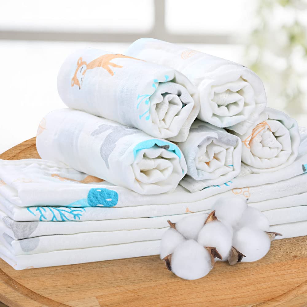 Yoofoss Muslin Burp Cloths for Baby 10 Pack 100% Organic Cotton Baby Washcloths for Boys Girls Large 20''X10'' Super Soft and Absorbent Elephant