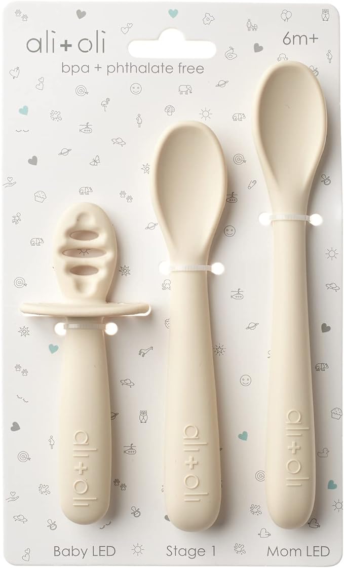 Ali+Oli 3pc Silicone Spoon Set for Baby (Coco) - Unbreakable Self-Feeding Utensils, 6 Months & Up, Multi-Stage Feeding Spoon With Ergonomic Design