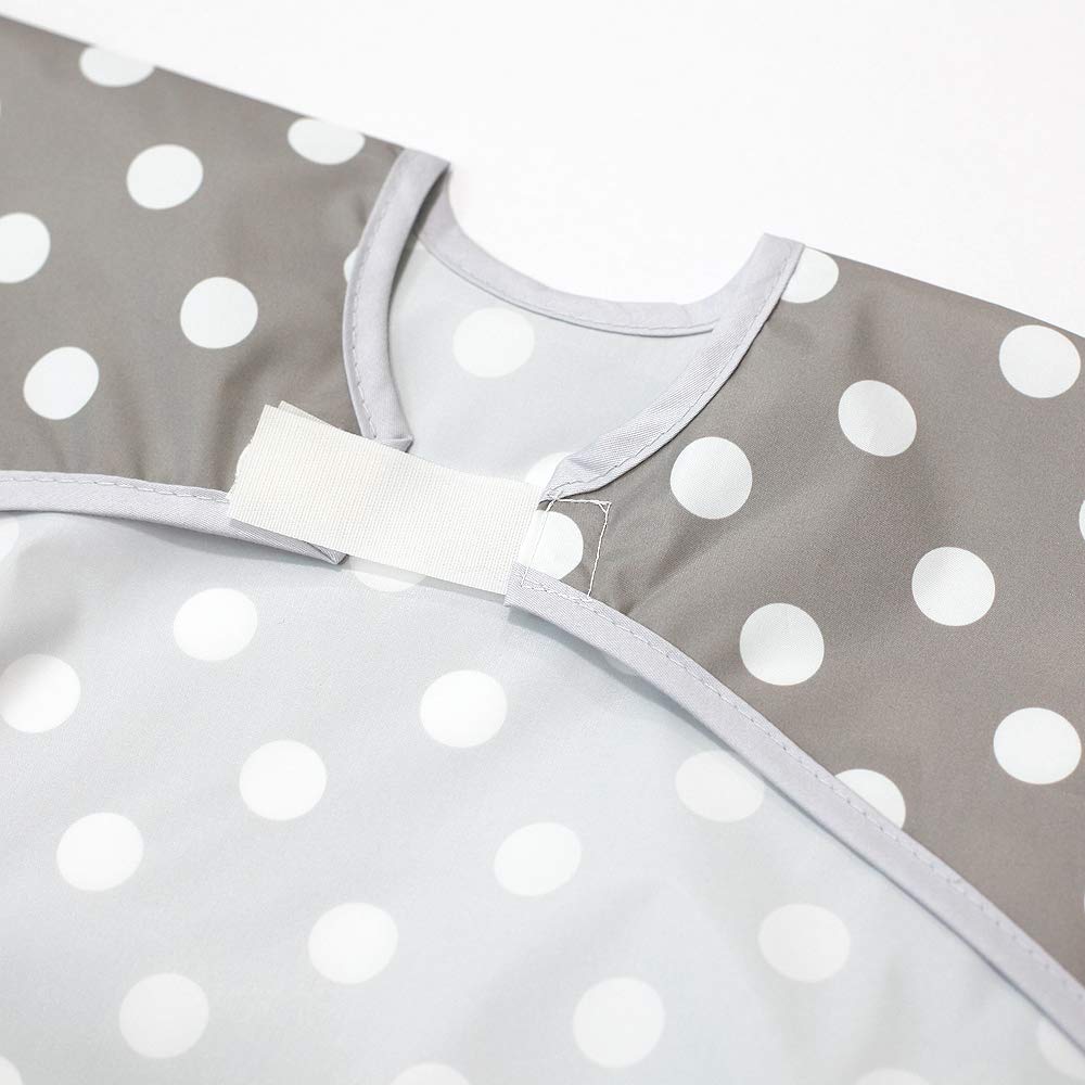 Plie Short Sleeve Waterproof Bib for Toddlers – Easy Clean Feeding Apron for Mealtime, Daycare, Self-Feeding & Messy Play, Lightweight BPA-Free Baby Bib (6–24 Months), Feeding - Gray Dot
