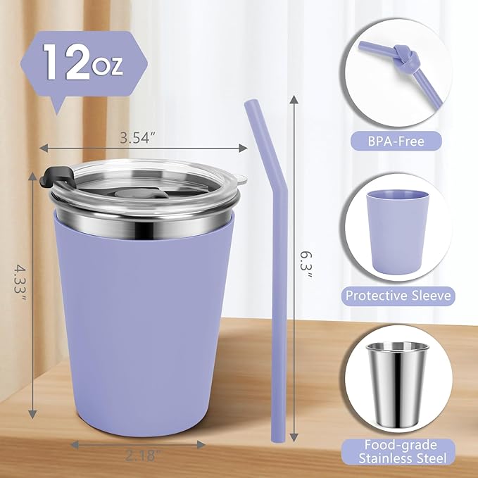 Kids Cups with Straws and Lids Leak Proof, 12oz Sippy Cups for Toddlers 1-3, Spill Proof Cup Stainless Steel Kids Cups with Lids for Home School, Outdoor, 6 Pack