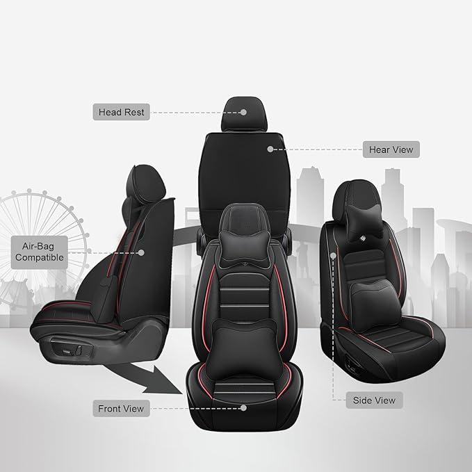JOJ Car Seat Cover Fit for Toyota Highlander 2001-2025,7 Seat Car Seat Cover,No-Slip Waterproof Breathable Faux Leather Automotive Seat Covers Auto Interior Covers,Full Set with Pillow,Black Red