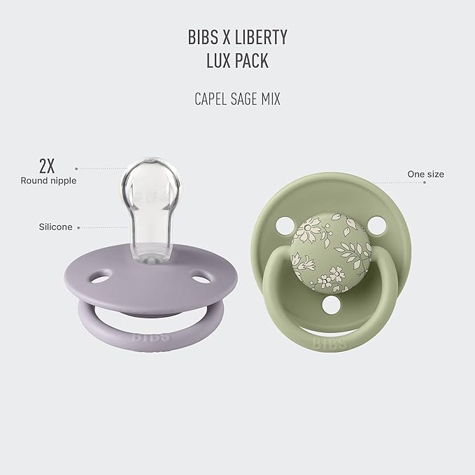 BIBS De Lux Liberty Soother 2-Pack, BPA Free Dummy Pacifier, Round Nipple. Silicone, Made in Denmark, OneSize (0-36 Months), Capel Sage