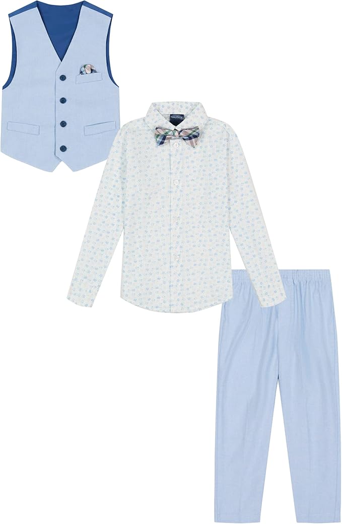 Nautica Boys' 4-Piece Formal Suit Set with Vest, Pants, Collared Dress Shirt, and Tie